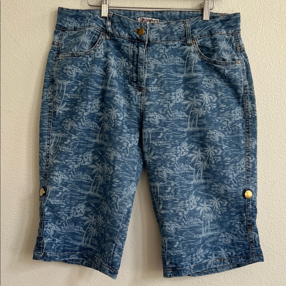 JOE BROWNS Jean Stretch Bermuda Shorts Rolled Hem Blue Tropical Print Women's 14